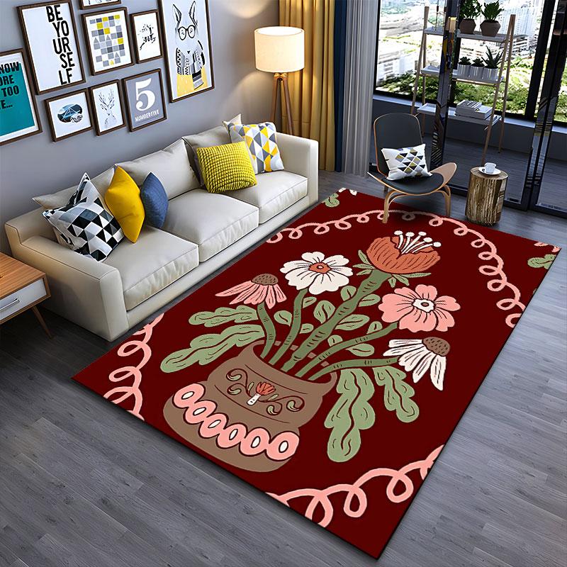 Floral Vase on Red Carpet suitable as a non-slip mat for the living room or bedroom sofa
