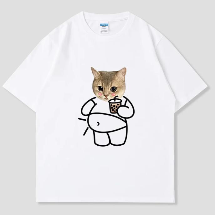 Смешные Полные Коты Шорты с Принтом Чай с Шариками Футболка с Коротким Рукавом Топ Унисекс Милый Кот Мем Графика Повседневная Уличная Одежда для Унисекс Черный