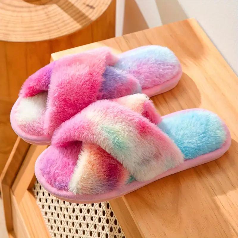 Women's Tie Dye Plush House Slippers, Warm Open Toe Slip On Shoes, Women's Cross Strap Flat Shoes