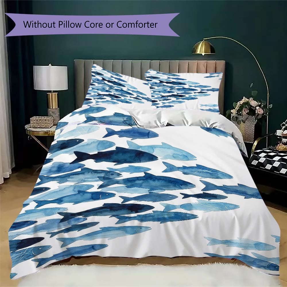 Fish Pattern Bedding uilt Set uilt Cover Pillowcase Home Decoration Birthday Gift (1 * duvet cover + 2 * pillowcase without core)