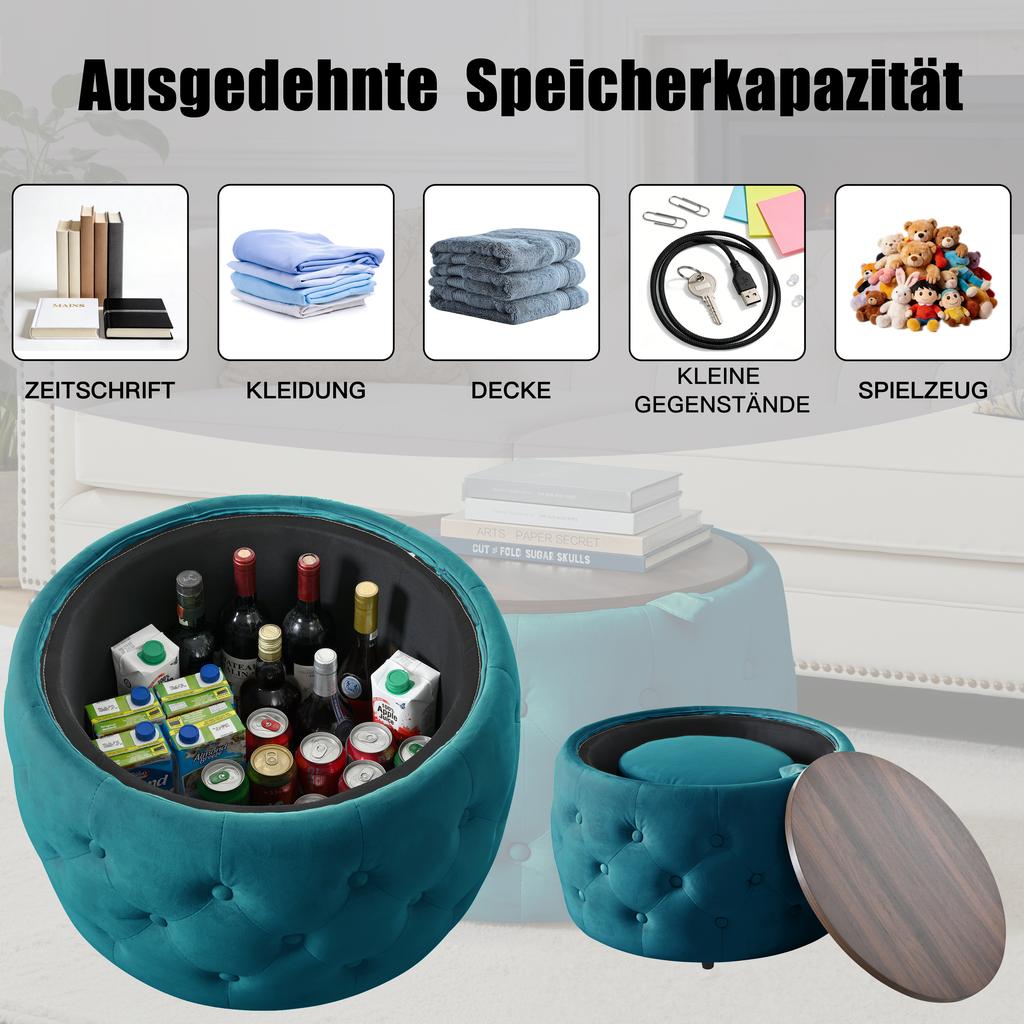 Luxurious Set of 2 Nesting Stools made of Velvet, 4-in-1, Round Storage Footstool with Wooden Tray, No Assembly Required, Blue (58 cm x 58 cm x 38 cm)