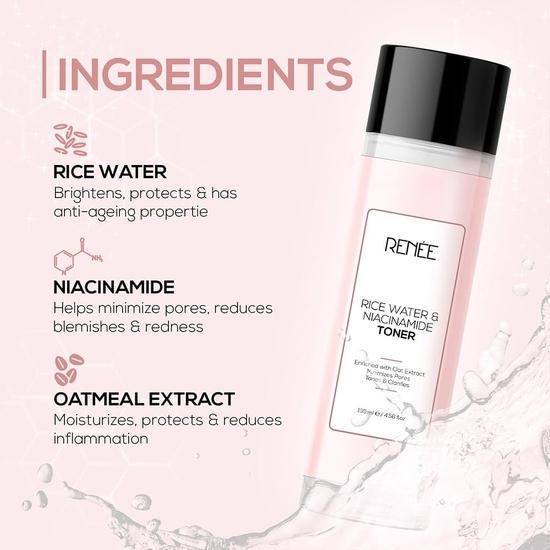 RENEE Rice Water & 3% Niacinamide Face Toner, Hydrates & Helps To Smoothen, Brightens & Evens Out Skin, Enriched with Coconut Water, Oatmeal,135ML