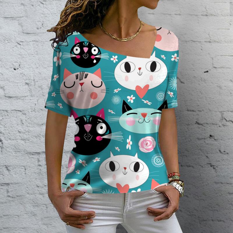 Женские футболки с v-образным вырезом, топы с короткими рукавами и принтом милых котов, летние модные повседневные футболки Kawaii, уличная женская одежда