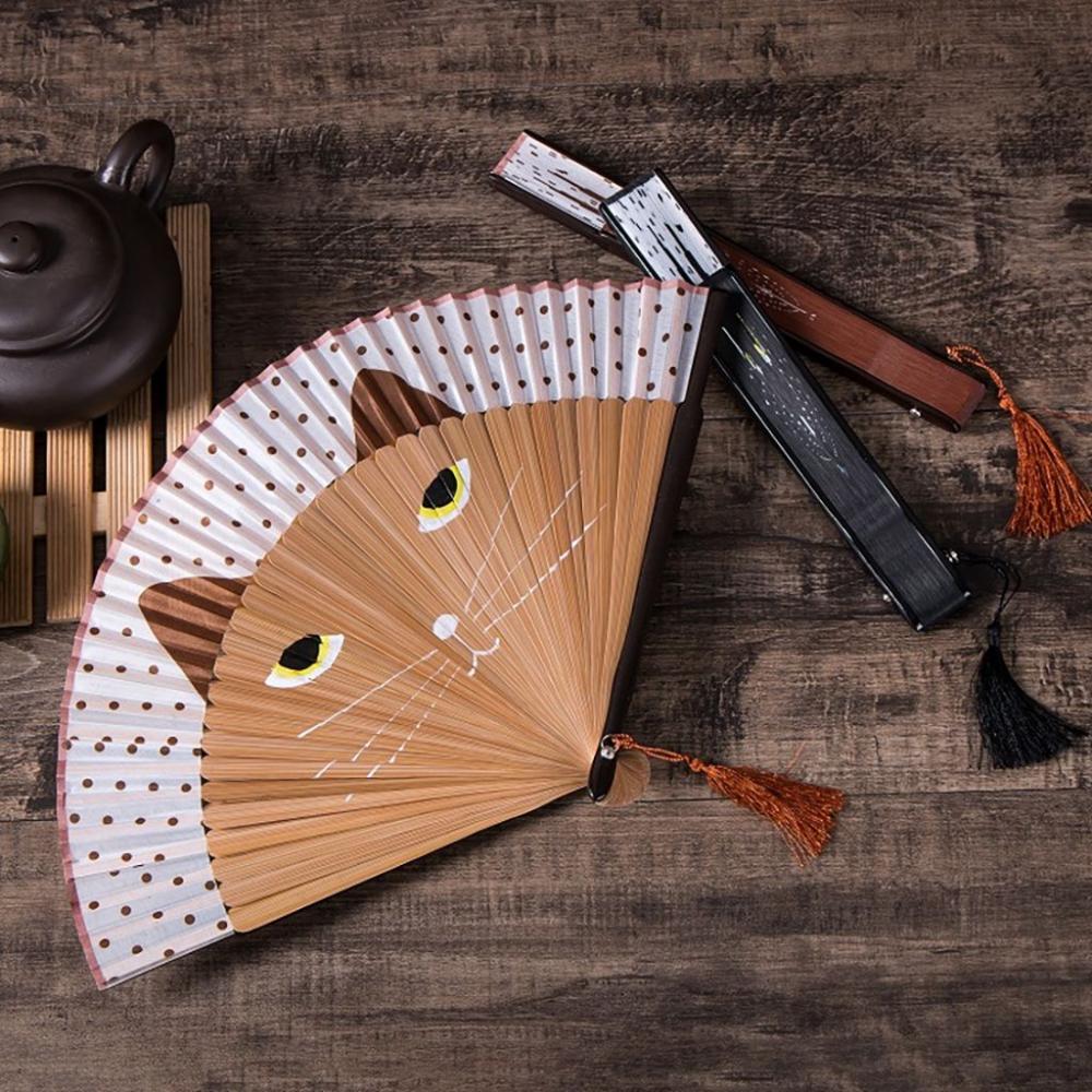 Cat Patterns Summer Gift Handmade Bamboo Wooden Fan Crafts Folding Fan Home Decoration Silk Fan
