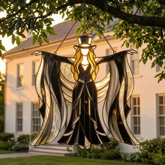 Dreamy Light Shadow Effect Decor Boho Dancing Lady Suncatcher, Stained Glass Acrylic Hanging Ornament, Mystical Gothic Black And Gray Gradient