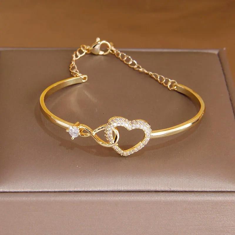 Korea&Japanese Delicate Double Layer Charm Bangles for Women Fashion Brand Jewelry Crystal Heart Bracelets Accessories