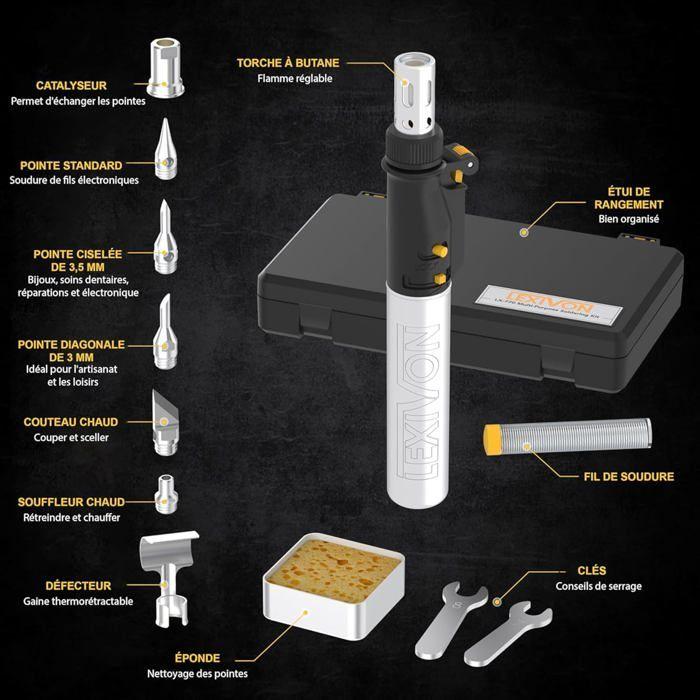 LEXIVON Fer a Souder Gaz Multi Fonctions Au Butane Set Dembouts, Fer a Souder De Precision Allumage Integre Et Flamme Ajustable