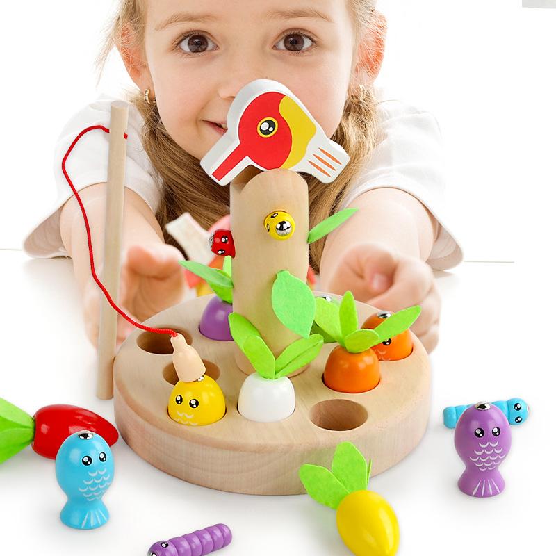 Wooden children's desktop educational toys children parent-child interaction fun woodpecker catching insects magnetic fishing pulling radish