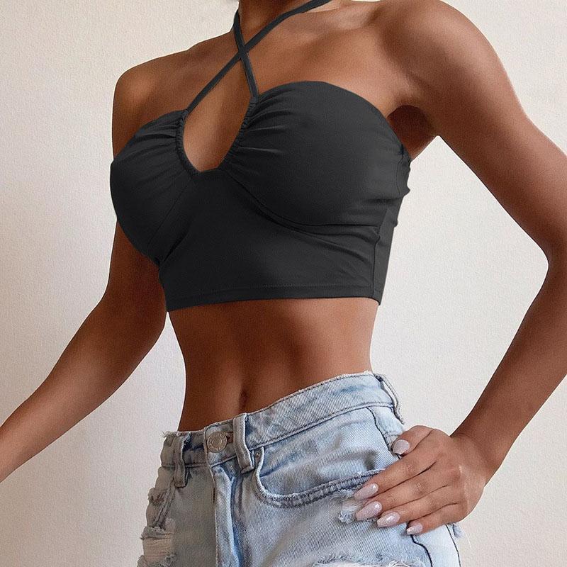 Sexy Solid Lace Up Bow Halter Ruched Crop Top Fashion Sleeveless Backless Tube Tops Female Streetwear TopsNew Women