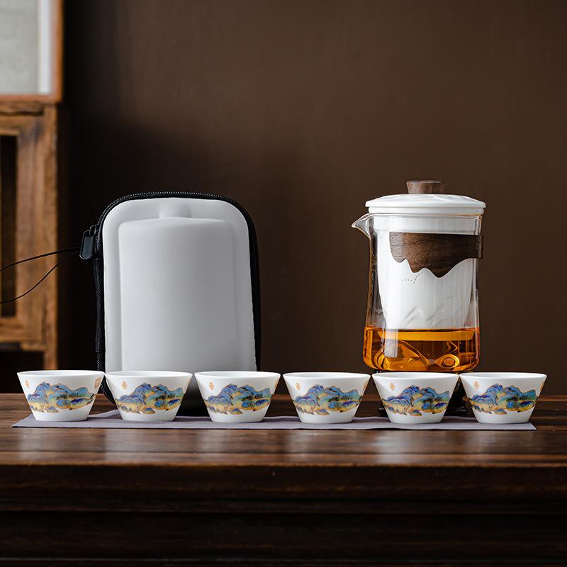 Dehua white porcelain glass travel set outdoor accompanying portable kung fu tea set business gifts can be customized