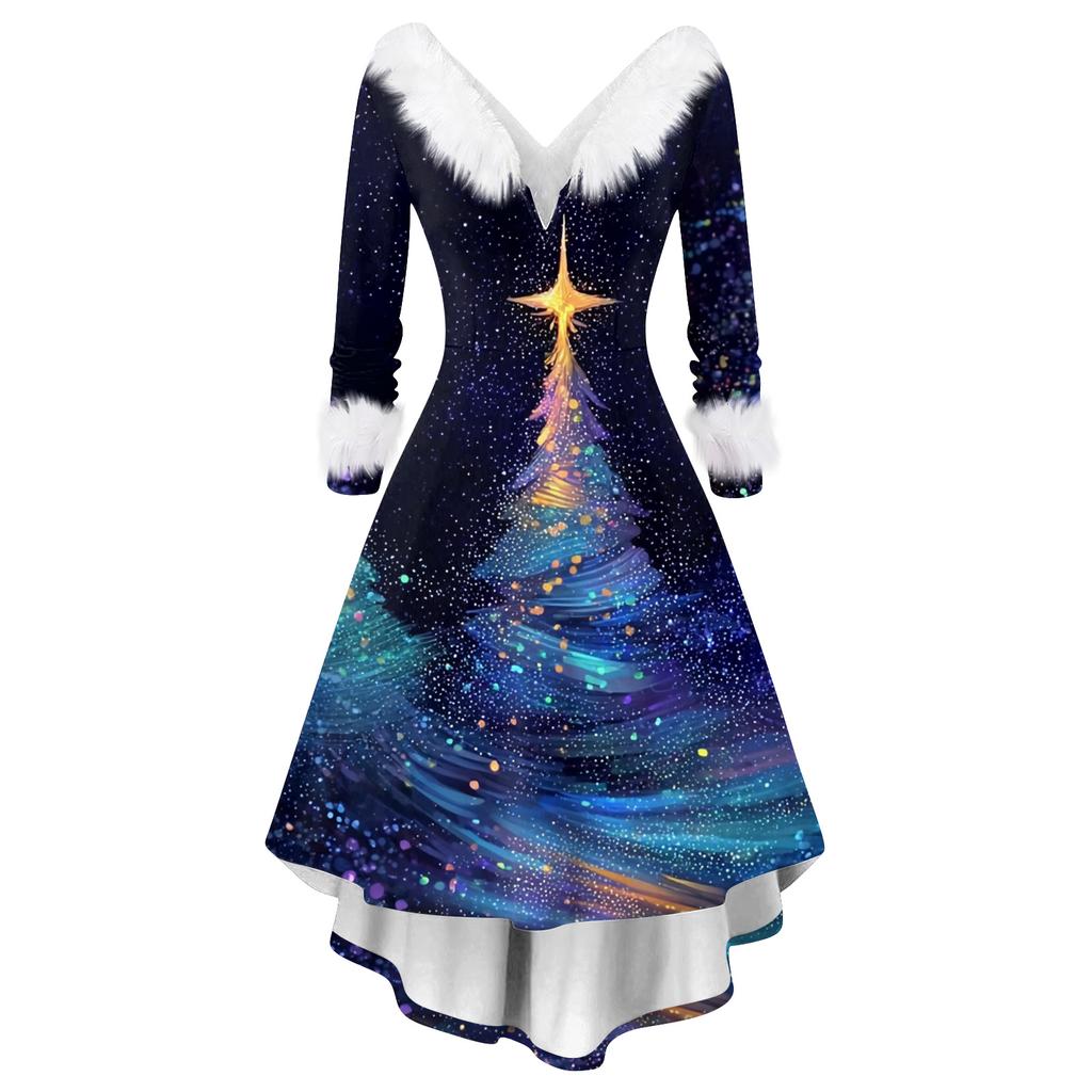 Women's Fashion Casual V-Neck Christmas Print Long Sleeve Dress