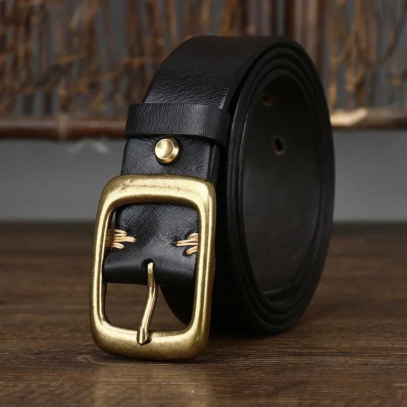 3.3CM Men's Genuine Leather Belt Luxury Designer Brass Pin Buckle Belts Pure Cowskin Vintage Strap Male Jeans for Man Women
