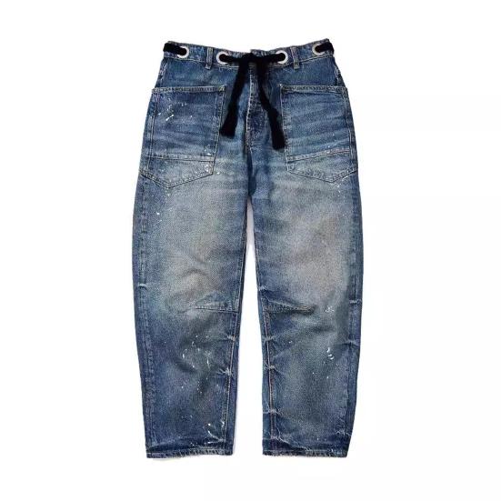 Women's Wide Leg Barrel Jeans Low Rise Drawstring Denim Ankle Pants Elastic