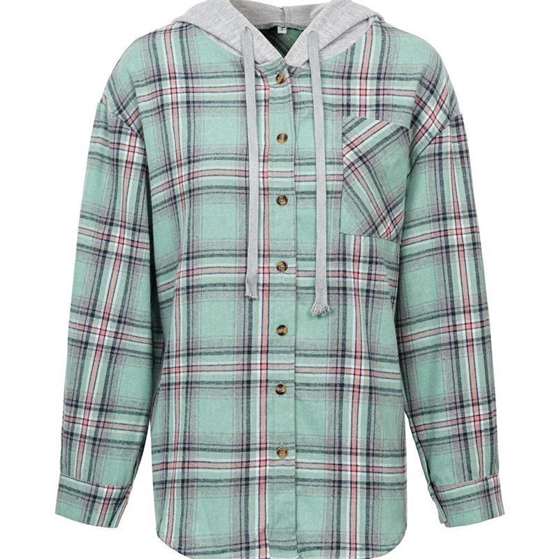 Новая весенняя женская рубашка из смесового хлопка, модная клетчатая рубашка с капюшоном, женская рубашка с длинным рукавом и однорядными пуговицами, блузки в британском стиле