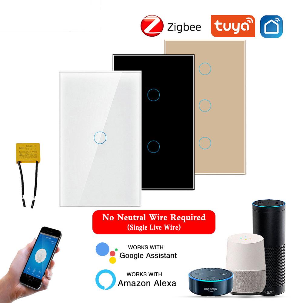 Умный стеклянный выключатель US Standard Zigbee с голосовым управлением Alexa, поддержкой приложения и настраиваемым одинарным выключателем (ноль-фаза)