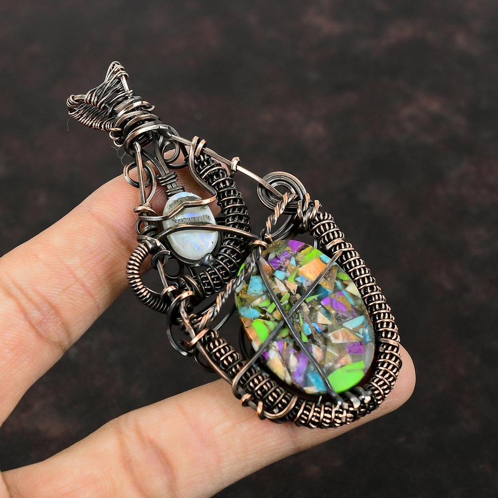 Fiesta Kingman бирюзовый кулон с медной проволокой, обернутый драгоценным камнем, многоцветный медный бирюзовый кулон, радужный лунный камень, ювелирное украшение в подарок для нее