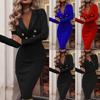 Ladies Deep V Sexy Fashion Folded Sequins Packed Hip Long Sleeve Long Dress