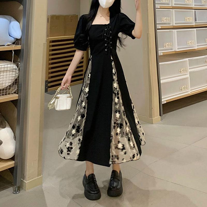 Модное миди-платье с лоскутным узором из сломанных цветов, летнее, во французском стиле, элегантное, с квадратным вырезом, винтажное, шикарное, с бандажной отделкой