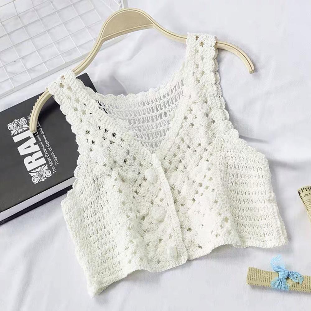 V-Neck Hollow Sleeveless Women's Crochet Camisoles Short Vest Ethnic Style Cardigan Knitted Tops