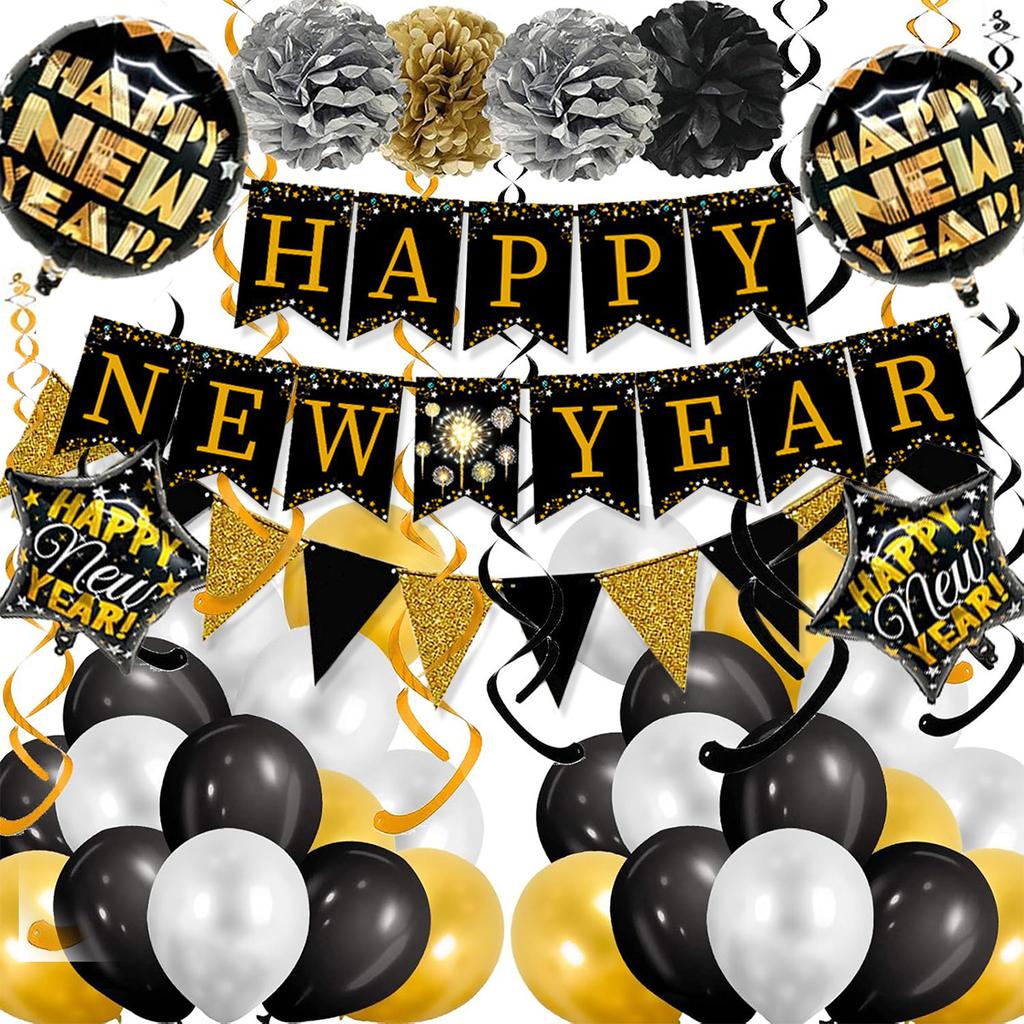 New Year'S Day Party Decoration Black Gold New Year Banner Pennant Paper Flower Ball Balloon Venue Atmosphere Set