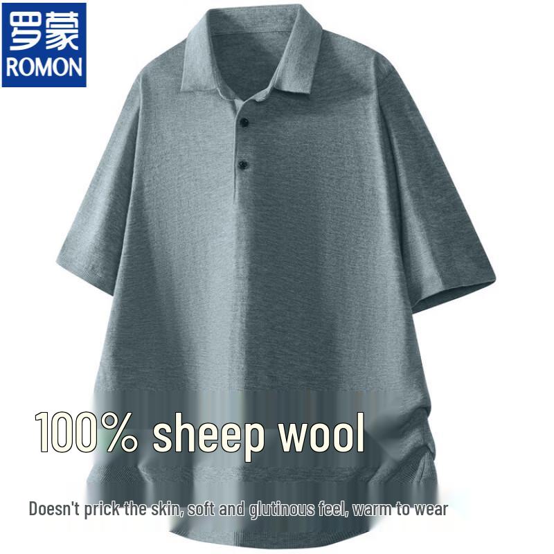 ROMON Men's 100% Merino Wool Short Sleeve Polo Knit Sweater