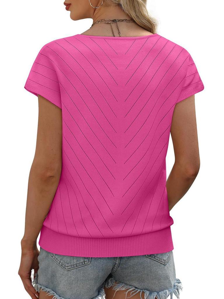 Летний горячий тренд 2026 года Пляжный отдых Короткий рукав V-образный вырез Ажурный повседневный вязаный свитер для женщин