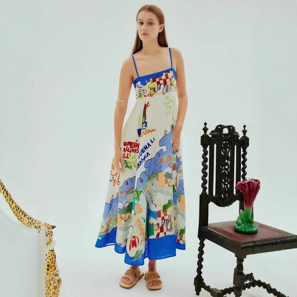 2026 new European and American cross-border  independent station sexy suspender printing graffiti cotton and linen printing pendulum 