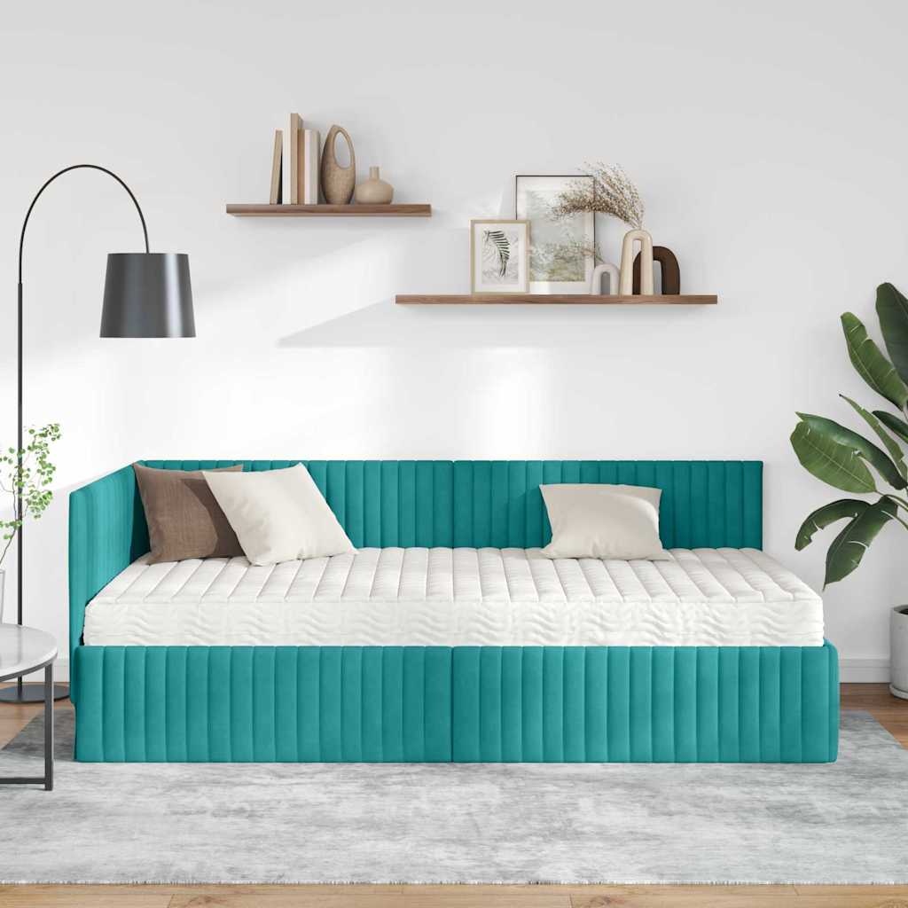 Corner Bed Frame with Mattress and Headboard 2 pcs Turquoise Velvet