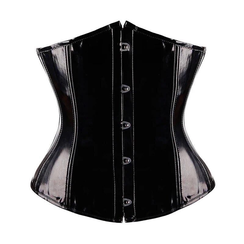 Black PVC Vinyl Corset Top Underbust Push Up Boned Bustier Goth Punk Korsett For Women Front Busk Gorset Plus Size Korse Sexy