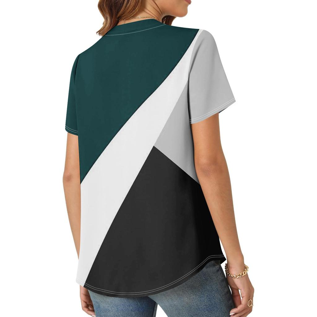 Women's Short Sleeve Casual V-neck Chest Pleated Printed Loose T-shirt Top