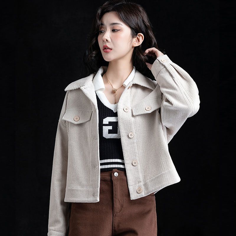 Plus-Size Plaid Jacket At All Seasons Fashion Casual Loose Thin Slim Long-Sleeved Outwear Women's All-Match Corduroy Short Coat
