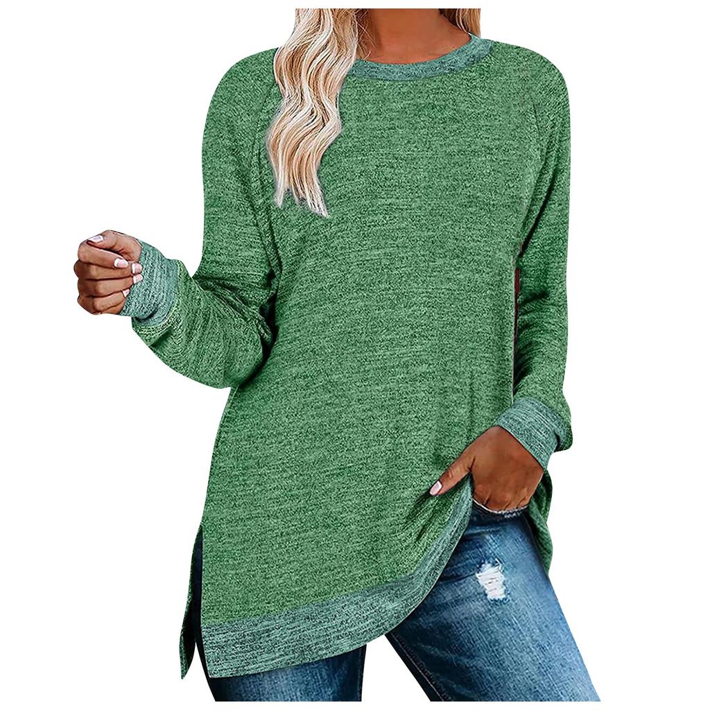 Модная повседневная женская однотонная футболка с длинными рукавами и круглым вырезом