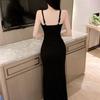 Elegant Black V Neck Sexy Slim Fit Bodycon Dress for Women with Thin Straps High Slit Mermaid Style Floor Length Formal Evening Nightclub Party Gown
