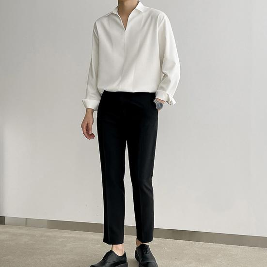 Мужская рубашка весна-осень с V-образным вырезом и лацканами, официальная офисная рубашка, шелковистая свободная прямая рубашка-пуловер, деловой топ для свиданий и вечеринок