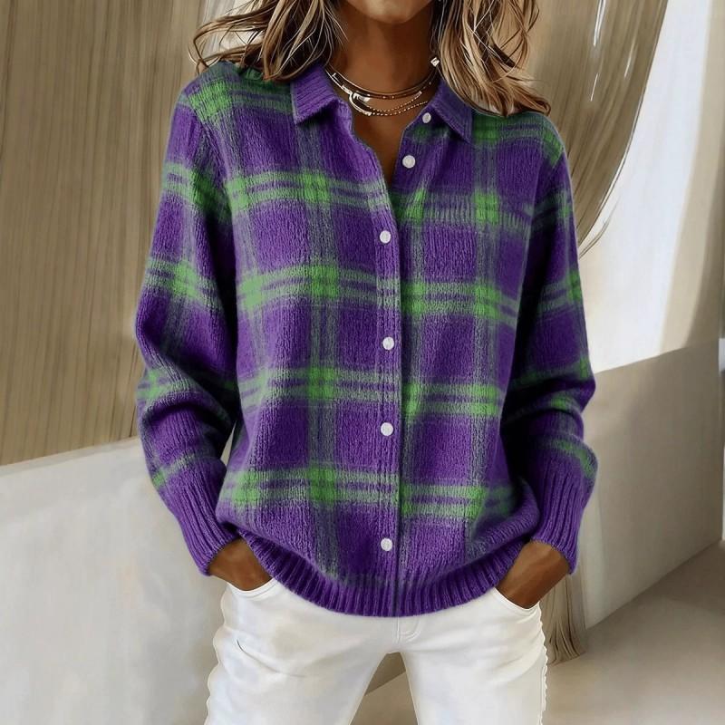Womens Oversized Plaid Knit Cardigan With Collar Long Sleeve Casual Sweater 2026 Fall Winter