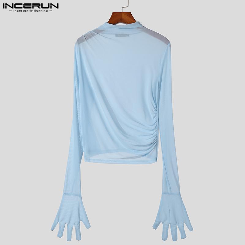 INCERUN Мужские прозрачные топы с длинным рукавом и оборками для клубной вечеринки, короткие сетчатые футболки