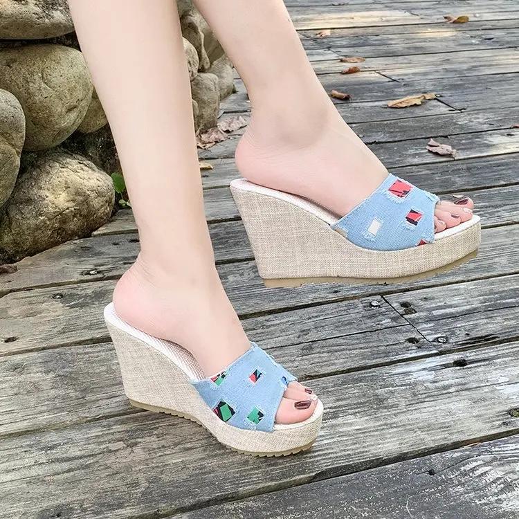 Fashion Rubber Wedge Heel Women's Slippers High Heels Light Mouth Simple Metal Women's Shoes Summer Women's Heel Sandals