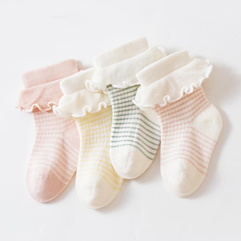 Осень Зима Кружевная Принцесса Детские Полосатые Носки Новорожденные Носки Средней Длины Хлопок Милые Девочки Детская Одежда Аксессуары 0-3 Года