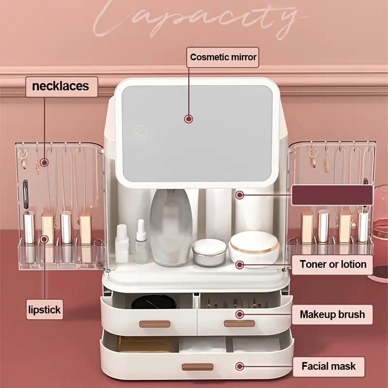 Ящик для хранения косметики с зеркалом. Универсальные настольные средства для ухода за кожей. Большой вместительный стеллаж для туалетного столика.