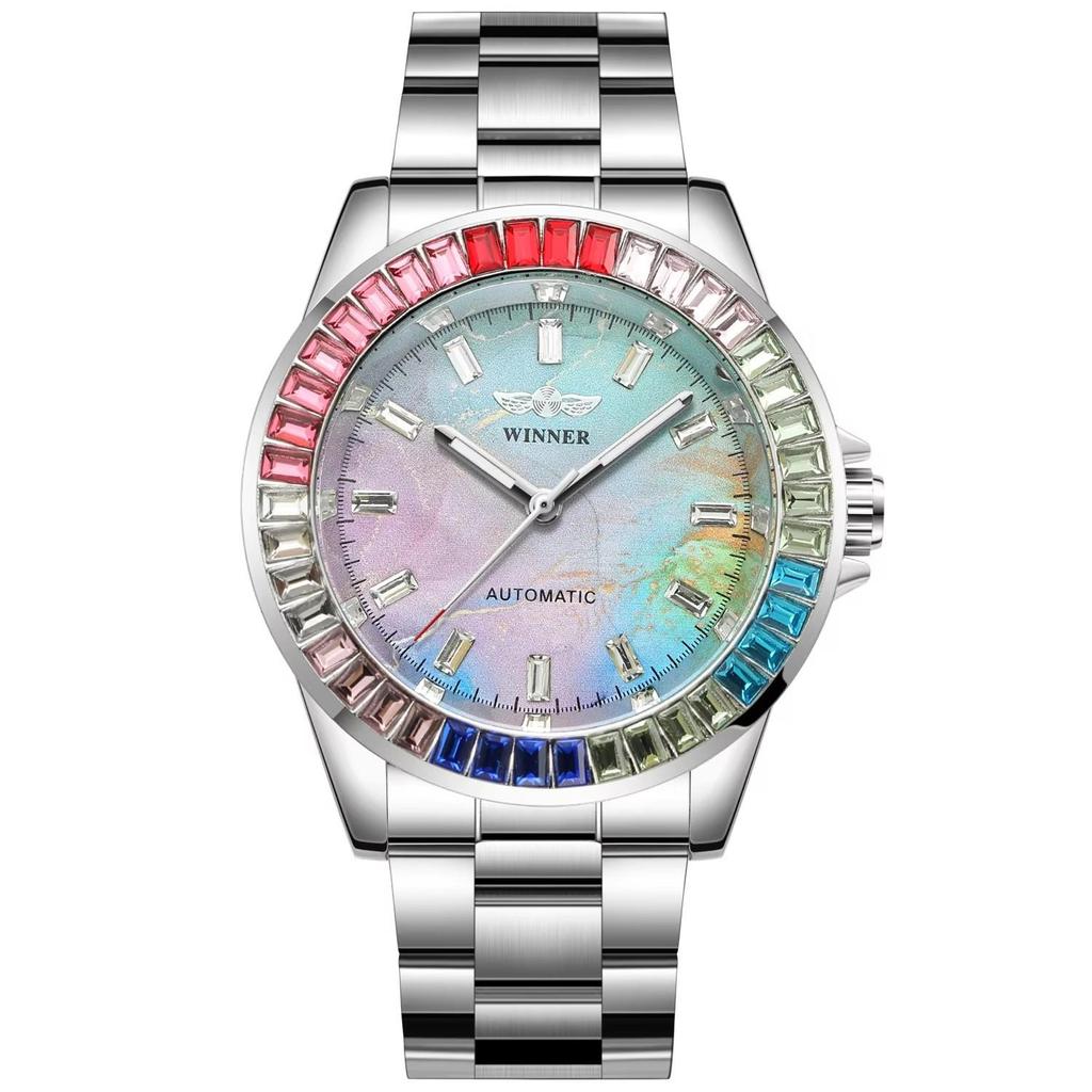 Модные цветные бриллиантовые часы для мужчин, полностью автоматические механические часы, стальной ремешок для мужских наручных часов, модный циферблат с рисунком в технике тай-дай