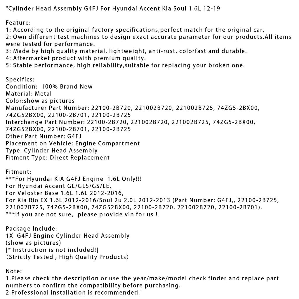 Головка блока цилиндров в сборе G4FJ для Hyundai Accent Kia Soul 1.6L 12-19