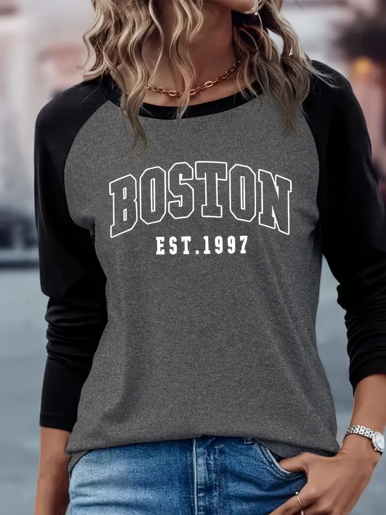 BOSTON Print Crew Neck T shirt Casual Long Autumn winter top women's long sleeved T-shirt loose comfortable black white