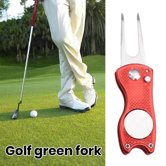 Golf Green Fork with Magnetic Suction Function Compact Size Portable Magnetic Putt Alignment Ball Marker Foldable Golf Divot Repair Tool