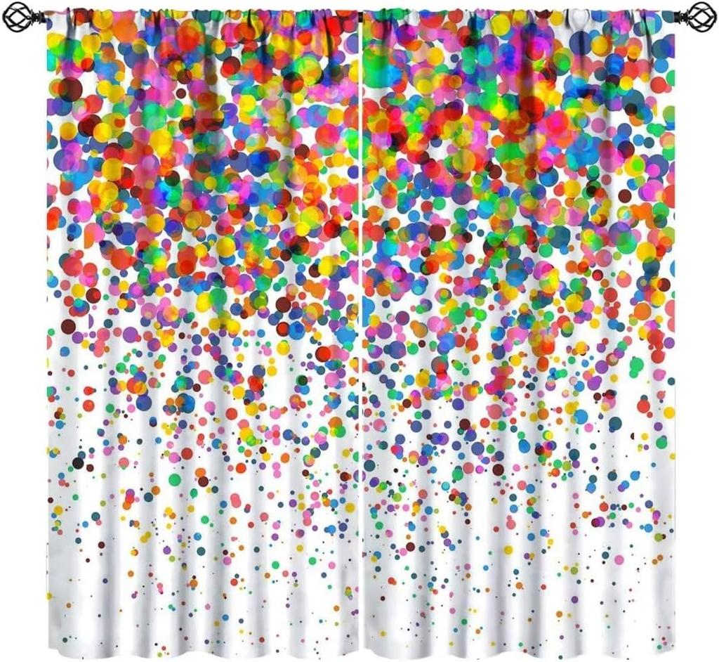 Colorful Polka Dot Curta, Kids Watercolor Rainbow Abstract Circles Geometric Pattern Window Treatments For Children Girls