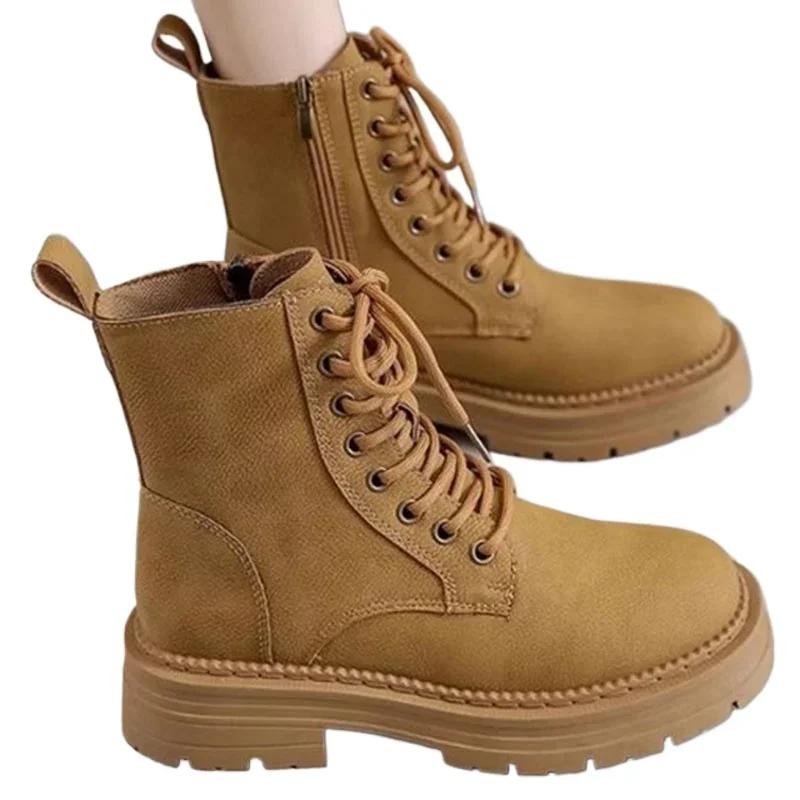 Модные короткие ботинки на толстой подошве для большего комфорта и тепла. Уличные ботинки для повседневной носки. Модные универсальные осенне-зимние новые стили.