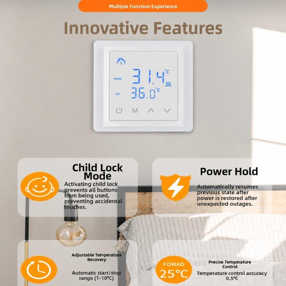 Touch Screen Smart Thermostat White Backlight Electric Heat Thermostat Electric Heating Cable