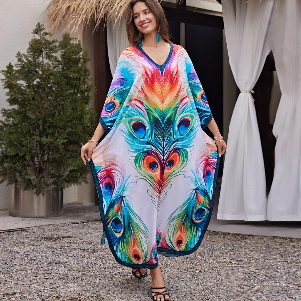 Printed Beach Dresses Viscose Kaftans for Women Summer Plus Size Loose Robe Holiday Living Room Bathing Suits