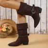 Metal Belt Buckle Decoration Riding Boots Women 2025 Autumn Sexy Point Toe Suede Western Boots Slip On Mid Calf Booties