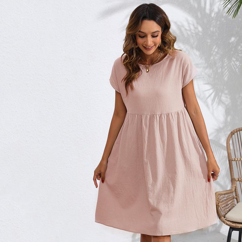 Fashion Summer Round Neck A-line Loose Dress Women Elegant Slim Fit Pockets Temperament Casual Dresses Woman Simple Vintage Slim Female Dress 26482