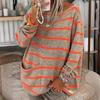 Women Striped O-Neck Long Sleeve Pocket Loose Sweater Oversized O-neck Pullover Knitting Jumper Casual Hoodies